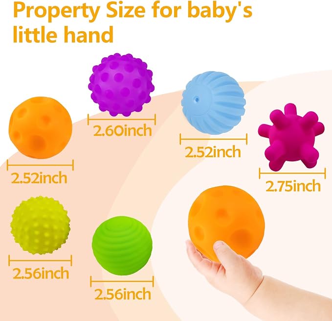 Sensory Balls for Toddlers 1-3, 6PCS Textured Sensory Toys | BPA-Free, Soft Squeeze, Multicolor Sensory Teething Ball, Fine & Gross Motor Skills, Baby Birthday Gift Toys