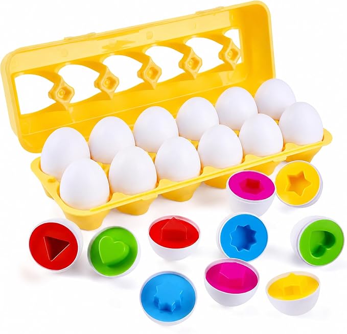 MAGIFIRE Toy Eggs for Toddlers 1-3 - 12 Matching Plastic Eggs, Assorted Colors and Shapes - Fun Gift for Toddlers - Montessori Matching and Sorting Set - STEM Educational Toy