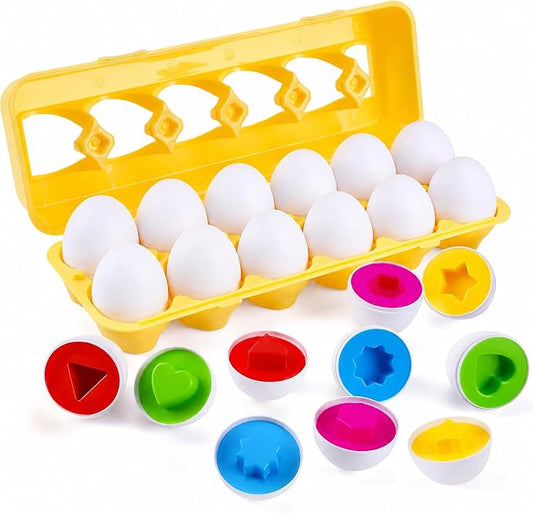 MAGIFIRE Toy Eggs for Toddlers 1-3 - 12 Matching Plastic Eggs, Assorted Colors and Shapes - Fun Gift for Toddlers - Montessori Matching and Sorting Set - STEM Educational Toy