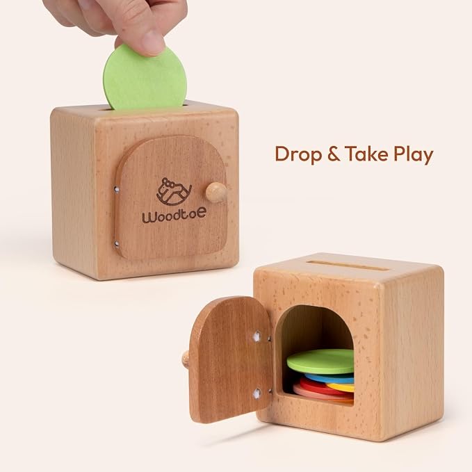Woodtoe Montessori Coin Box, Object Permanence Toy for Toddlers Ages 1-3 | Color Sorting Game, Educational Sensory Activity, Develops Fine Motor Skills, Early Development Gift for 1+ Year Old Boy Girl