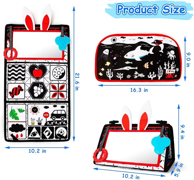 Tummy Time Baby Mirror Toys, Tummy Time Mat, Black and White High Contrast | Tabletop Mount Baby Newborn Toys 0 3 6 Months Brain Development, Sensory Texture Piano Infant Toys 0 3 6 Months with Squeaker