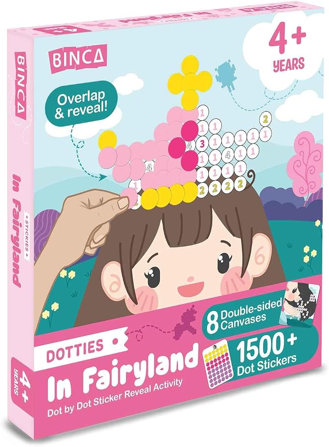 BINCA Dotties Dot Art Activity Kit, 1500+ Stickers, 8 Unicorns & Princesses Mess-Free Activities, DIY Dot Sticker Art, Kids Travel Activities, Gifts for Girls Ages 4,5,6,7