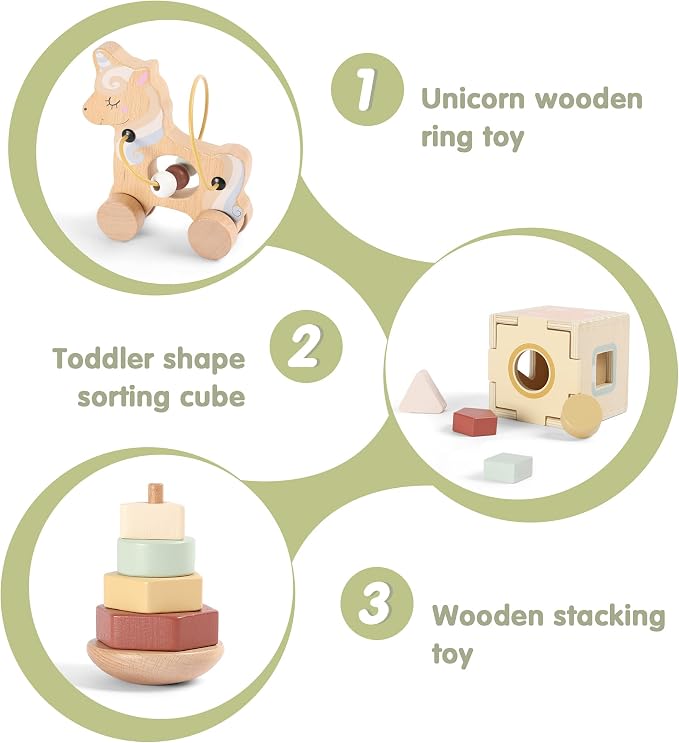 FReniland Montessori Toys for 1 Year Old，3-in-1 Wooden Baby Toys，Wooden Stacking Toy，Toddler Shape Sorting Cube, Unicorn Ring Toy
