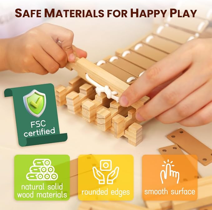 Jovi-Mindly & Notchies 96 PCS Wooden Building Blocks Toy Set for Kids Ages 4+ Boys Girls, Creative Construction Imaginative Cabin House with Storage Bag STEM Educational Learning Toy for Birthday Gift