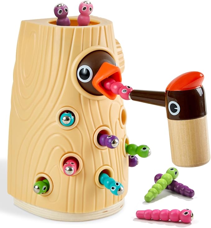 TOP BRIGHT Montessori Toys for 2 Year Old Gift, Magnetic Bird Feeding Game | Builds fine motor skills, Toddler sensory toys age 2-4, Woodpecker Worms Toy, Hand-eye coordination, Non-toxic Wood