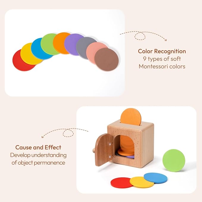 Woodtoe Montessori Coin Box, Object Permanence Toy for Toddlers Ages 1-3 | Color Sorting Game, Educational Sensory Activity, Develops Fine Motor Skills, Early Development Gift for 1+ Year Old Boy Girl
