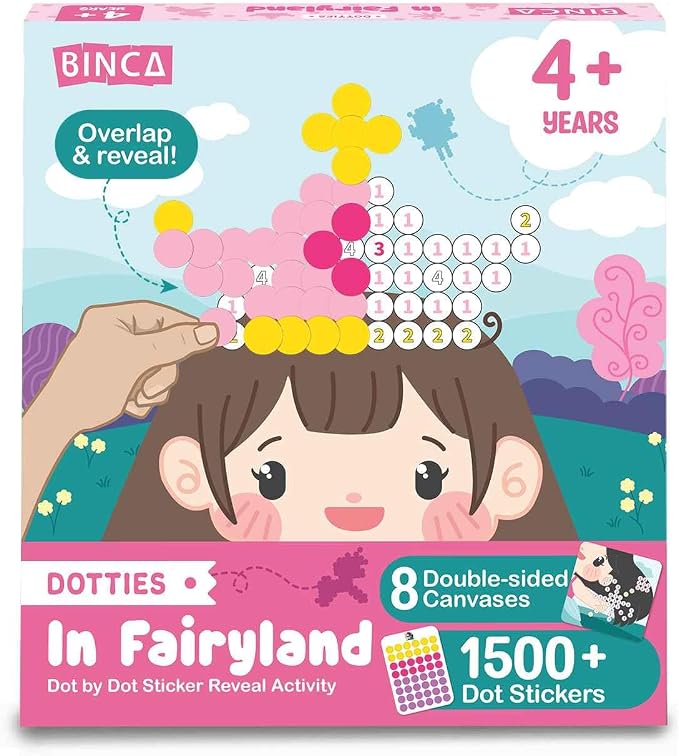 BINCA Dotties Dot Art Activity Kit, 1500+ Stickers, 8 Unicorns & Princesses Mess-Free Activities, DIY Dot Sticker Art, Kids Travel Activities, Gifts for Girls Ages 4,5,6,7