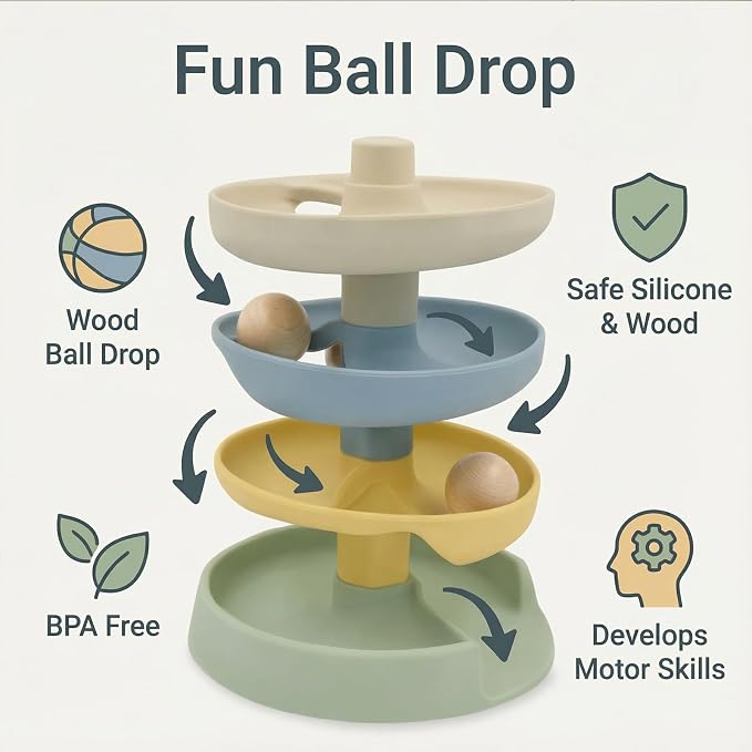 Silicone Ball Drop Tower Toy for Toddlers, 4-Tier Rolling Ramp Track with Wooden Balls, Soft Food-Grade Silicone Montessori Toy for Early Learning, Fine Motor Skill Development, Ages 1–3 | Includes 2 wooden balls, food-grade silicone, detachable design...