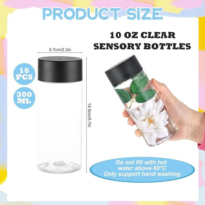 YEXEXINM 16pcs Empty Sensory Bottles Kits, 300 ml Leakproof Clear Plastic Sensory Bottle with Lids with Sequins Accessories, Reusable Water Bottles for Sensory Crafts Handmade Party Supply