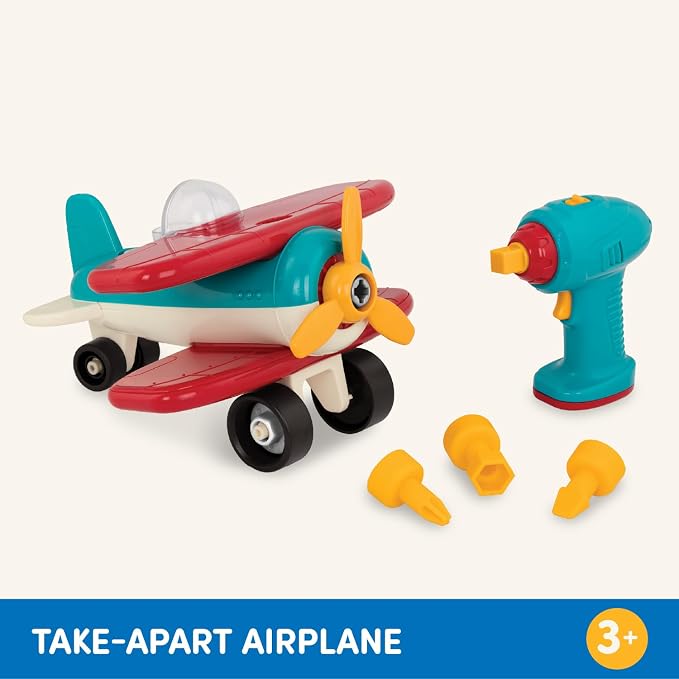 Battat Airplane Construction Toy with Toy Drill, Plane, Vehicles, Take | 25-piece airplane playset with 21 parts, battery-powered drill, 3 bits, build-and-play pretend flights, Vehicles, 3+ Years