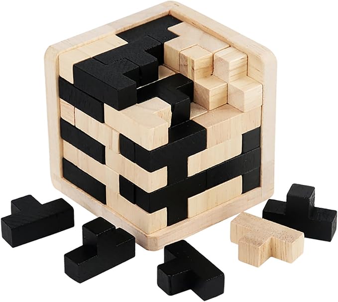 Wooden Brain Teaser Puzzles Cube Stocking Stuffers Wooden Puzzles T-shaped Jigsaw Logic Puzzle Educational Games Toy for Kids and Adults by AHYUAN (Black and Natural)