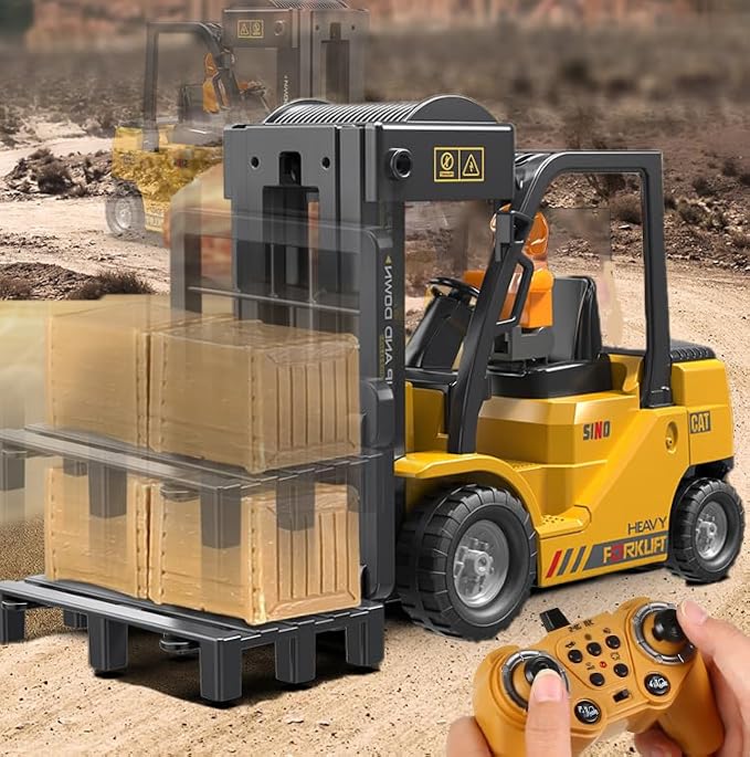 1:24 RC Forklift, 2 in 1 Transform Lift Fork & Hook, Kids Forklift Toy with Light & Sound & Spray, 11 Channel Remote Control Forklift, Construction Vehicles Toy Gift for Kids 6+