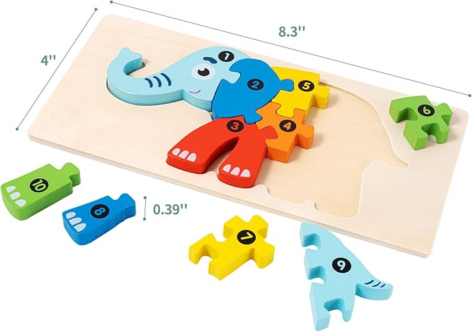 6 Pack Wooden Puzzles for Kids Ages 3-5, Animal Jigsaw Puzzles | 60 Pieces, CPC certified, with Numbers 1-10, Montessori Learning Toys, Educational Number Puzzle Gift Set, in Gift Box
