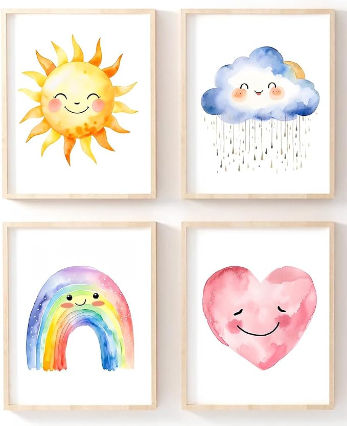 Girls Rainbow Canvas Wall Art Watercolor Sun Clouds Heart poster 8X10Inch | Bohemian Kids Sunshine Art Print for Classroom Kids Room Baby Room Bedroom Dorm Set of 4 Unframed
