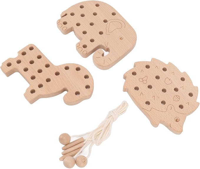 Fabater Wooden Lacing Toy for Toddlers - Animal Style Threading Toy, Safe Beech Wood Lace Block, Fine Motor Skill Early Education, 3-Pack Learning for Kids