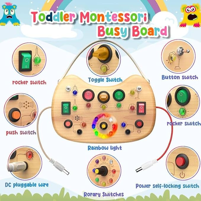 flycoost Montessori Toddler Busy Board,Wooden with 17 LED Lights Switch | | Travel Toys for Toddlers 1-3 Years,Toddler Sensory Activity Boards, Toys for 1 Year Old Girls