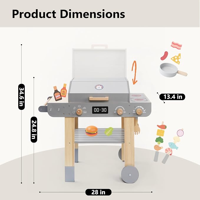 Wooden Grill Playset for Kids with Grilling Tools and Play Food | Realistic Pretend Barbecue Cooking Toy, BBQ Role-Play Set for Imaginative Play, Creative Gift for Boys and Girls Ages 3+