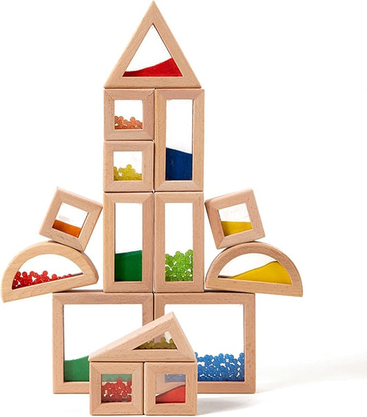 Dinhon 15pcs Baby Building Blocks for 12+ Months - Pine Wood with Sand & Beads, Extra-Large Burr-Free Translucent Rainbow, Toddler Educational Stacking Toys (Multi-Shapes)