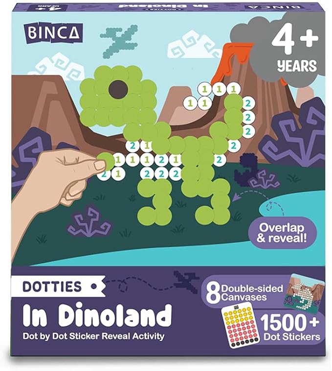 BINCA Dotties Dot Art Activity Kit, 1500+ Stickers, 8 Dinosaurs Mess-Free Activities, DIY Dot Sticker Art, Kids Travel Activities, Gifts for Girls Ages 4,5,6,7