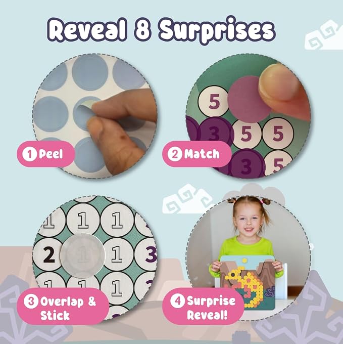 BINCA Dotties Dot Art Activity Kit, 1500+ Stickers, 8 Dinosaurs Mess-Free Activities, DIY Dot Sticker Art, Kids Travel Activities, Gifts for Girls Ages 4,5,6,7