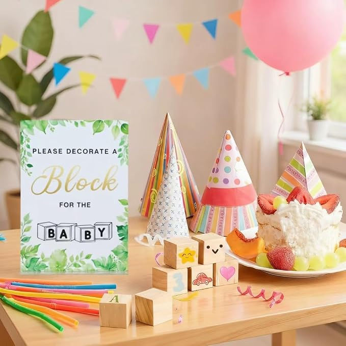 156-Piece Baby Shower Building Block Game Set, featuring 58 plain wooden blocks, 48 markers, 48 templates, 1 game instruction card, and 1 storage box—specially designed for parties (Leaves Theme)