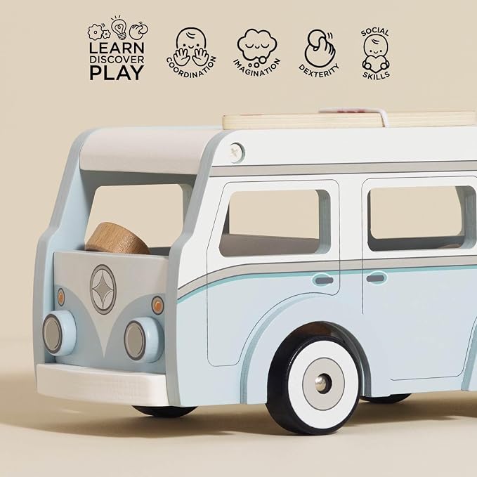 Le Toy Van Wooden Holiday Campervan with Surfboard | Wooden Toy Vehicle, FSC Certified Wood, 100% Plastic Free
