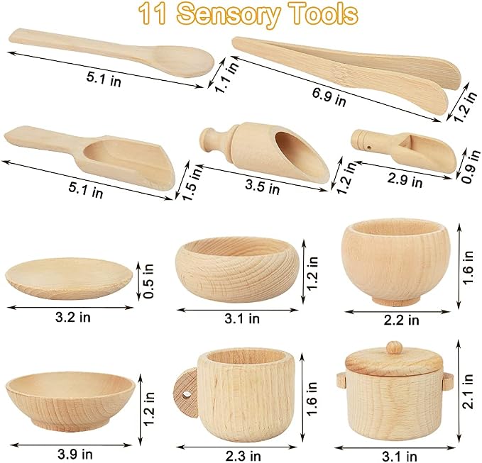 Montessori Sensory Bin Tools: 1 Wooden Box + 11 Sensory Tools for Toddlers & Preschool Children - Fine Motor Learning Pretend Play