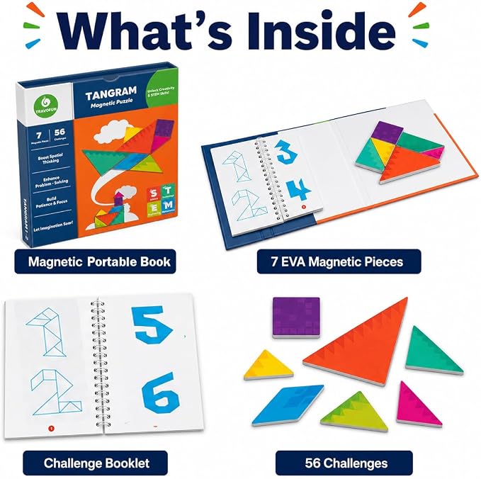 TRAVOFUN Magnetic Tangram Puzzle | Travel Games for Kids Ages 4-8 | Travel tangram puzzle with 7 magnetic pieces and 56 challenges builds spatial thinking in a compact 6.5-inch activity book.