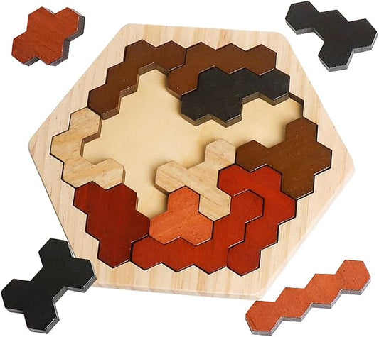Wooden Hexagon Montessori Tangram Puzzle, STEM Brain Teaser for All Ages | Colorful Geometric Shapes, Montessori Learning Toy, Logic IQ Game, Educational Gift for Kids Teens Adults