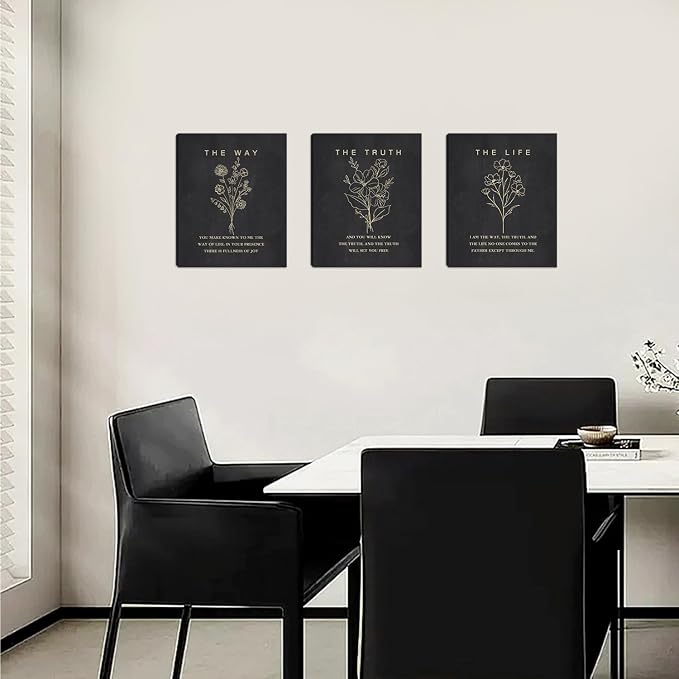 HOURIA Framed Boho Floral Christian Bible Verse Canvas Wall Art Set,12”*16”Inch The Way The Truth The Life Scriptures Poster Black Minimalist Botanical Flower Bible Wall Decor for Living Room Bedroom