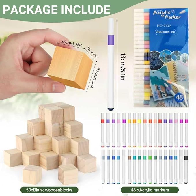 156-Piece Baby Shower Building Block Game Set, featuring 58 plain wooden blocks, 48 markers, 48 templates, 1 game instruction card, and 1 storage box—specially designed for parties (Leaves Theme)