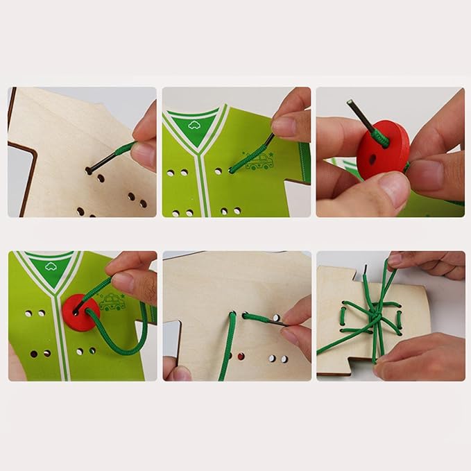 predolo Kids Wooden Threading Toys Lacing Shoes Creative Puzzle Games Develop Imagination, Blue