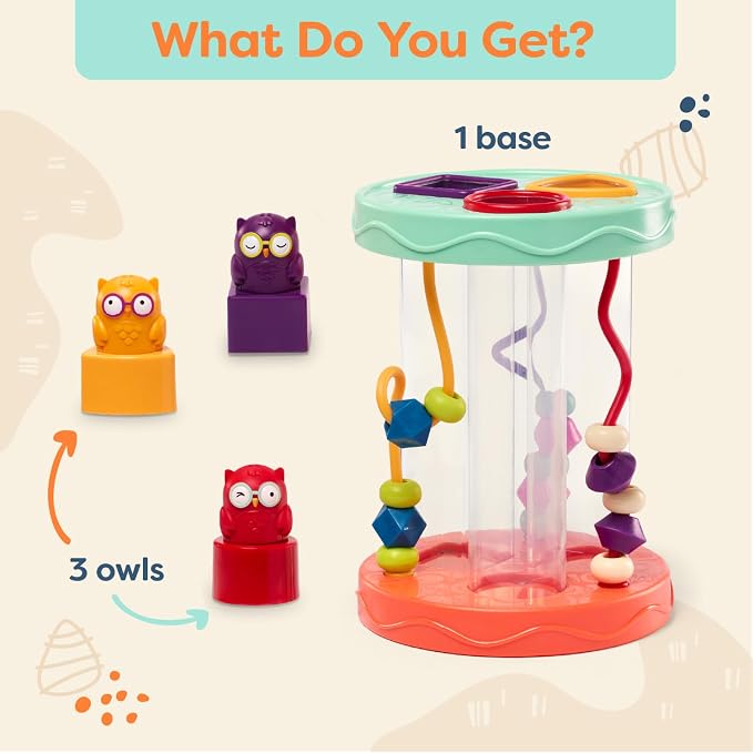B. toys Baby Shape Sorter, Hooty-Hoo Owls, Bead Mazes & Sounds, Interactive | Hooty-Hoo shape sorter with 3 owl shapes, 3 bead mazes, color matching and fun sounds for fine motor play, Baby, 10+ Months