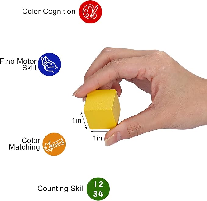 Offelec 108 Pack 1 Inch Wooden Blocks, 6 Colors STEM Math Sorting Toys, Wood Building & Stacking Blocks for Toddlers, Classroom Learning Wooden Cube Blocks, Creative Play & DIY Craft for Kids Ages 3+