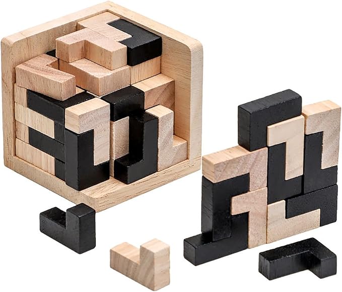Wooden Brain Teaser Puzzle Cube Wooden Puzzles T-shaped Jigsaw Logic Puzzle Educational Toy for Kids and Adults by AHYUAN (L Shape Black and Natural)