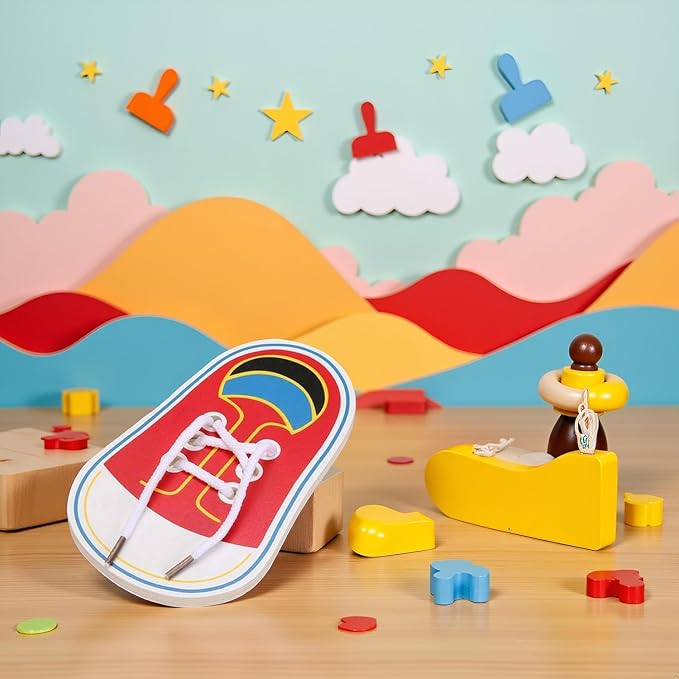 Wooden Learn to Tie Your Own Shoes Threading Lacing Shoes Training Early Learning Kits | Threading Lacing Shoes Training Board Toddler Early Learning Toy, Shoe Fasteners & Laces