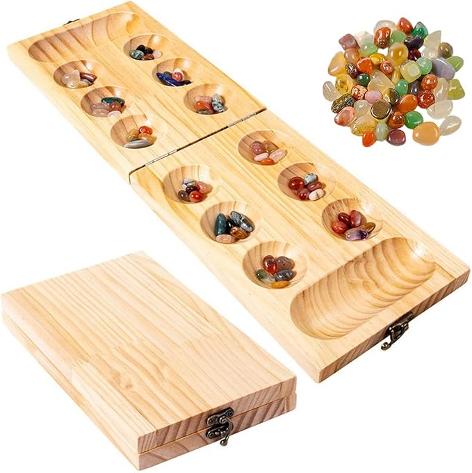 Mancala Board Game for Kids & Adult Wooden Board with Colorful Stones 2-Player Strategy & Educational Toy Party Toys | Parent-Child Time