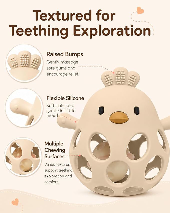 Tinabless 2-in-1 Baby Teether Rattle Toy, Easy Grip Silicone Teething Toy for Babies 3-12 Months, BPA-Free Sensory Chew Toy for Sore Gums, Infant Shower Gift (Beige w/Rattle)