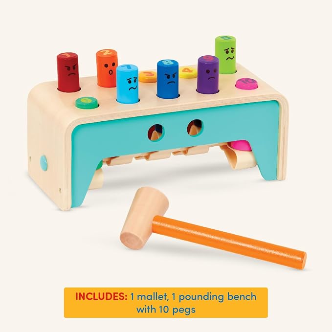 Battat Wooden Pounding Bench Toy with Mallet, Pound & Count Bench | Wooden pounding bench with 10 colorful pegs and 1 mallet for numbers, colors, and emotions; side mallet storage; 1+ Years