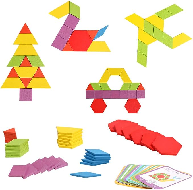 JCREN Wooden Pattern Blocks Geometric Tangram Shape Puzzle 155Pcs | Montessori Toy with Activity Cards and Storage Bag Classic STEM Learning Toys Educational Gift for Kindergarten Kids