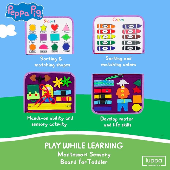 Peppa Pig Toddler Busy Board – Montessori toys for 1 2 3 4 Year Old, Educational Activity Sensory Board for Preschool Learning Fine Motor Skills, Gift Toys for Boys Girls, Airplane Car Travel Toy