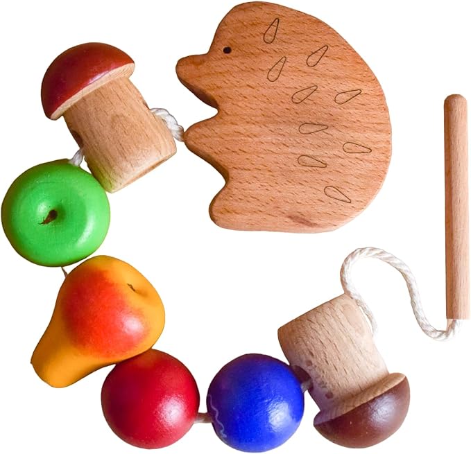 Wooden Lacing Toy Hedgehog, Montessori Baby Materials Educational Learning for Kids, Children Early Development, Unique Handmade First Birthday Gift for Boys and Girls