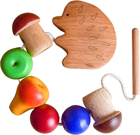 Wooden Lacing Toy Hedgehog, Montessori Baby Materials Educational Learning for Kids, Children Early Development, Unique Handmade First Birthday Gift for Boys and Girls