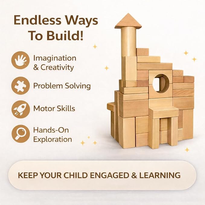 MOD Complete 100-Piece Wood Building Blocks Set — Includes Heavy Duty Shape-Sorter Lid & Storage Bucket Wooden Blocks, Educational Screen-Free Toy for Toddlers Ages 1+ 2+ 3+