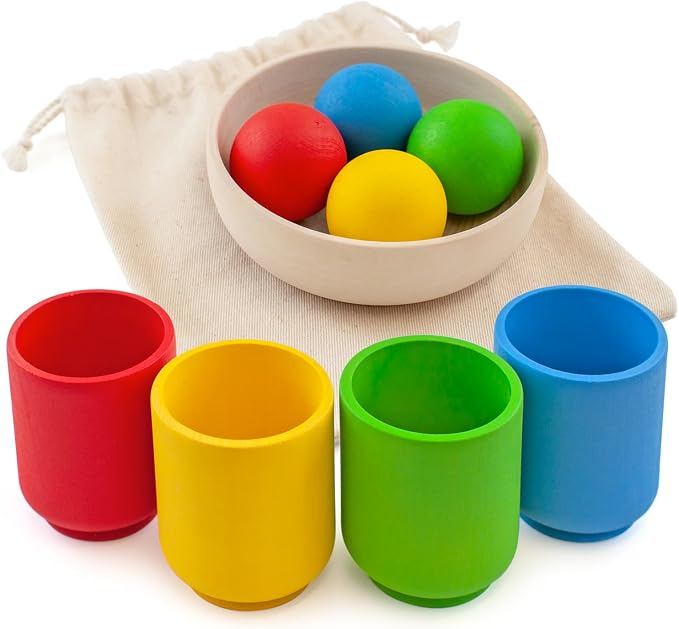 Ulanik Balls in Cups Starter Kit Montessori Toys for 1 Year Old | Open-ended wooden sorting set; 4 basic colors; bowl and bag for easy storage