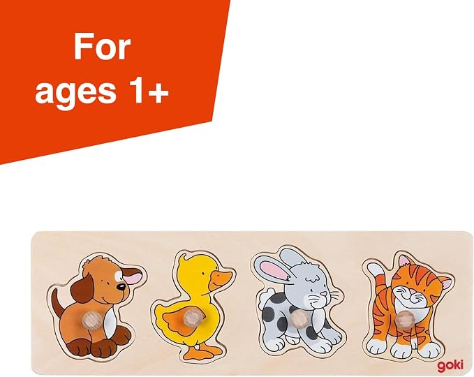 GOKI Wooden Peg Puzzle for Toddlers – Montessori Inspired Learning Toys for Toddlers I Farm Animals Knob Puzzle Ages 1+ Develops Fine Motor Skills and Shape Recognition I Designed with Love in Germany