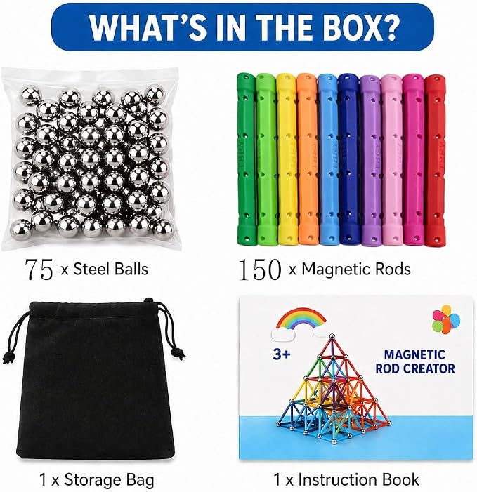 225PCS Magnetic Building Blocks Set, 2.3 Inch Magnet Rods & Non-Magnetic Balls 3D STEM Construction Toy for Kids Adults, Parent-Child Educational Birthday