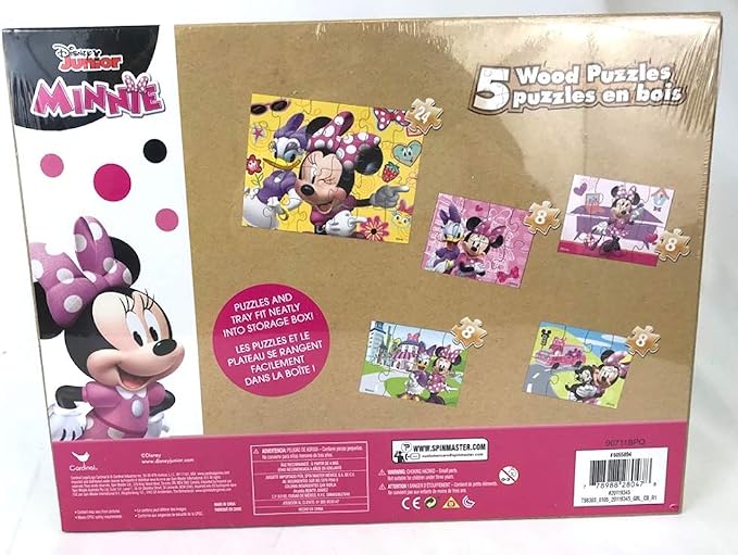 Disney Minnie Mouse 5 Wood Jigsaw Puzzles in Wood Storage Box