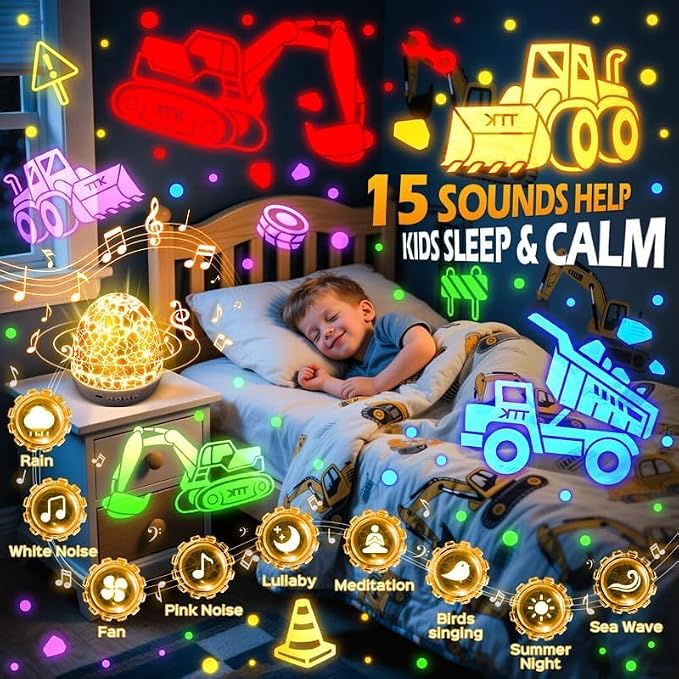 Excavator Construction Toy Projector, 15 Sounds & 6 Films Truck Night Light | Excavator Toys for 4 year old Boys, White Noise Dinosaur Egg Night Light for Kids Room Decor,31 Color Remote Timer Brightness
