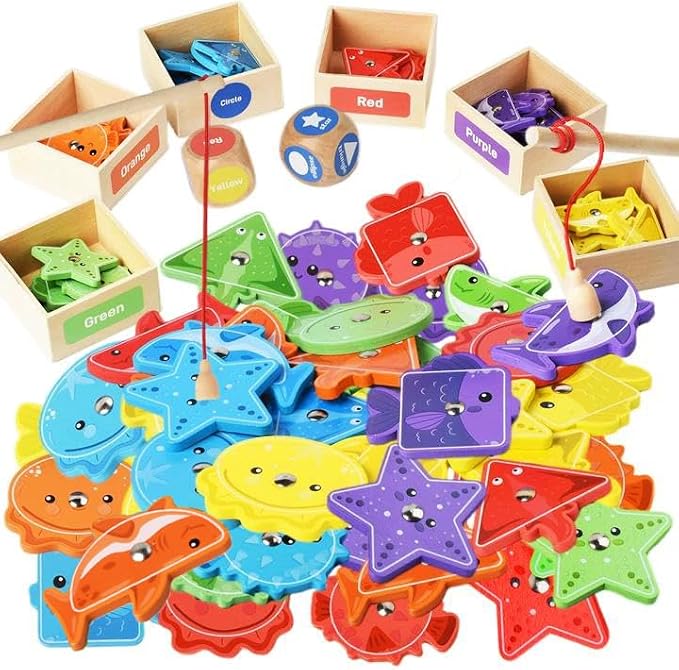 Montessori Fishing Game for Toddlers,Wooden Magnetic Fishing Game,Early Educational-Shape & Color Sorting Toy for Kid 3-5,Preschool Learning Fine Motor Skill,Classroom Matching Activity